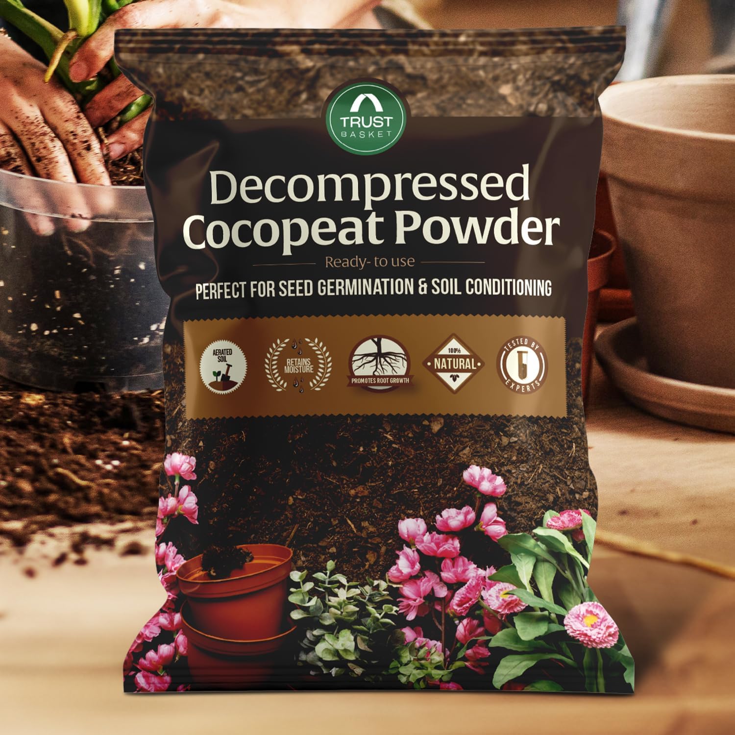 Cocopeat powder soil mix for water retention and plant growth
