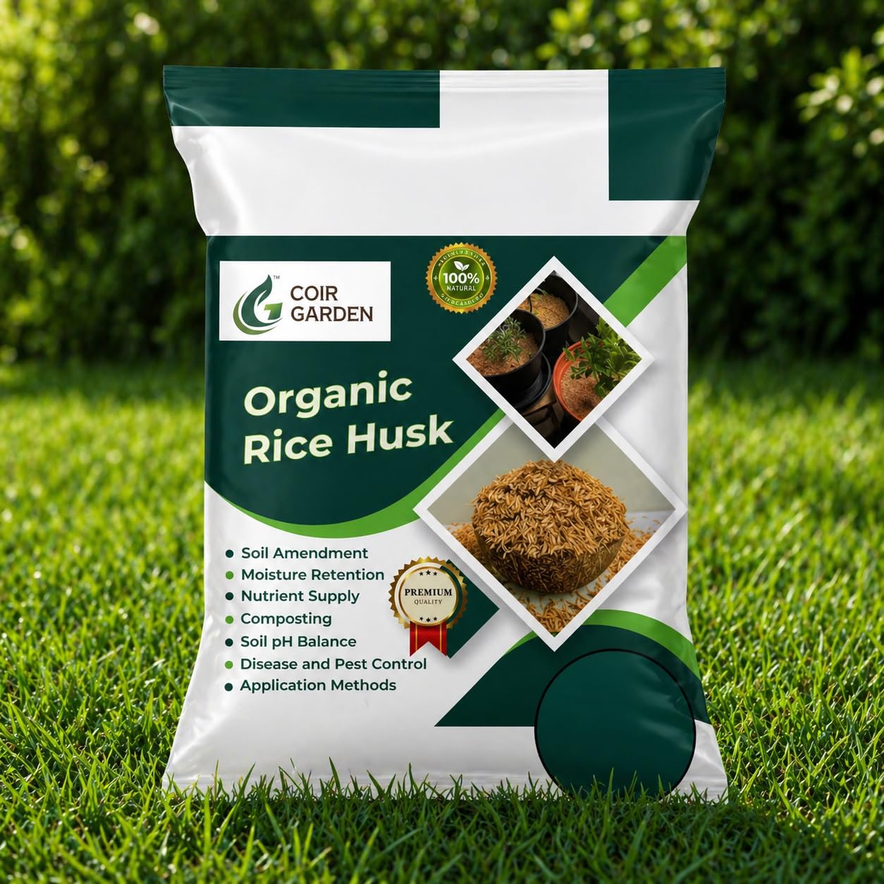 Rice husk powder for soil aeration and drainage improvement