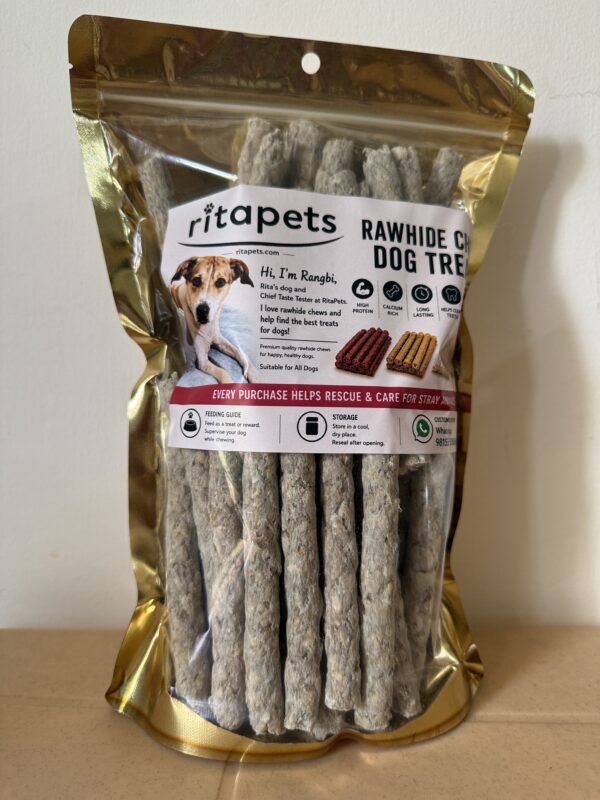 natural white chew sticks for dogs in golden pouch