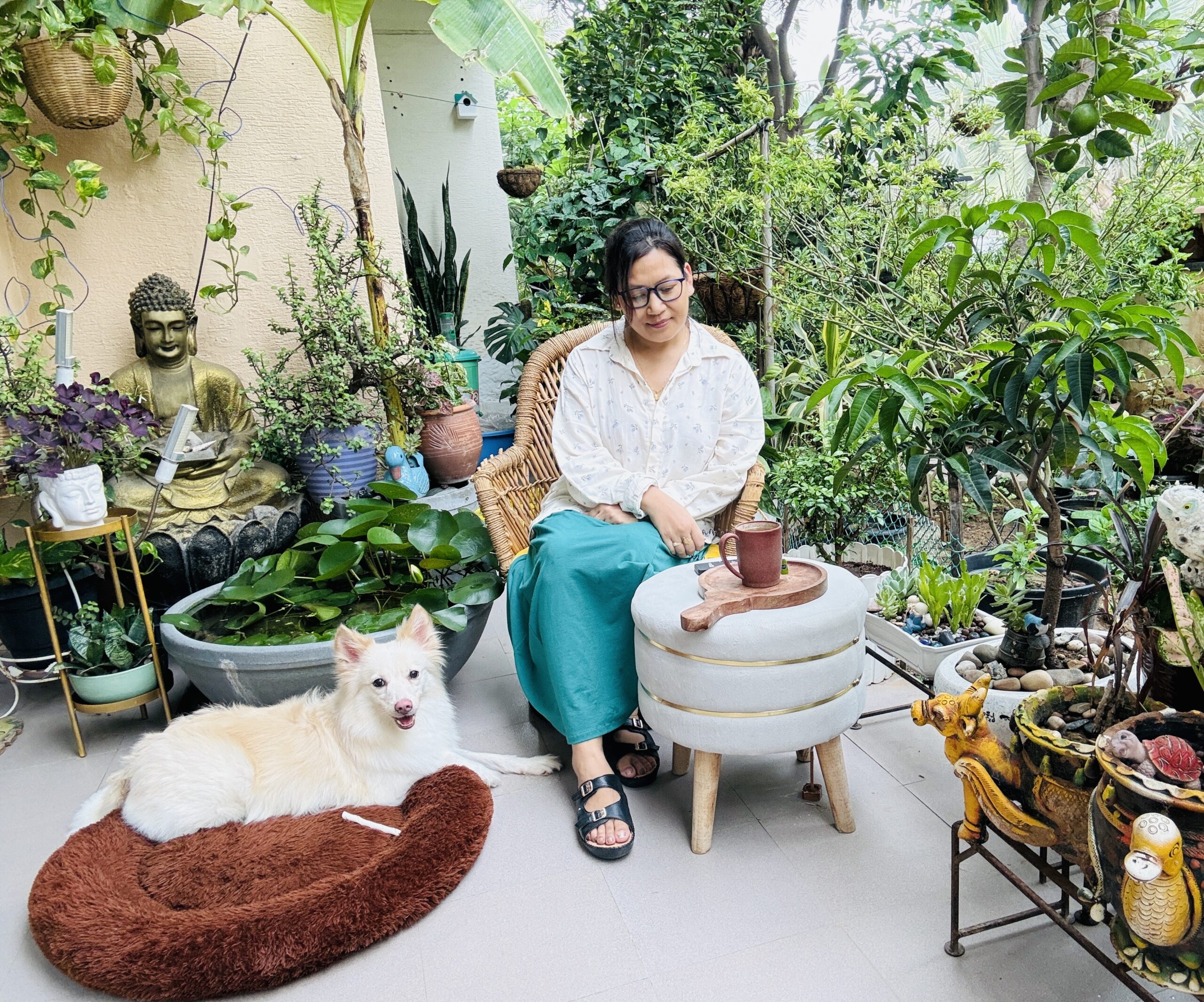 The founder of ritapets enjoying the nature in the balcony garden with dogs